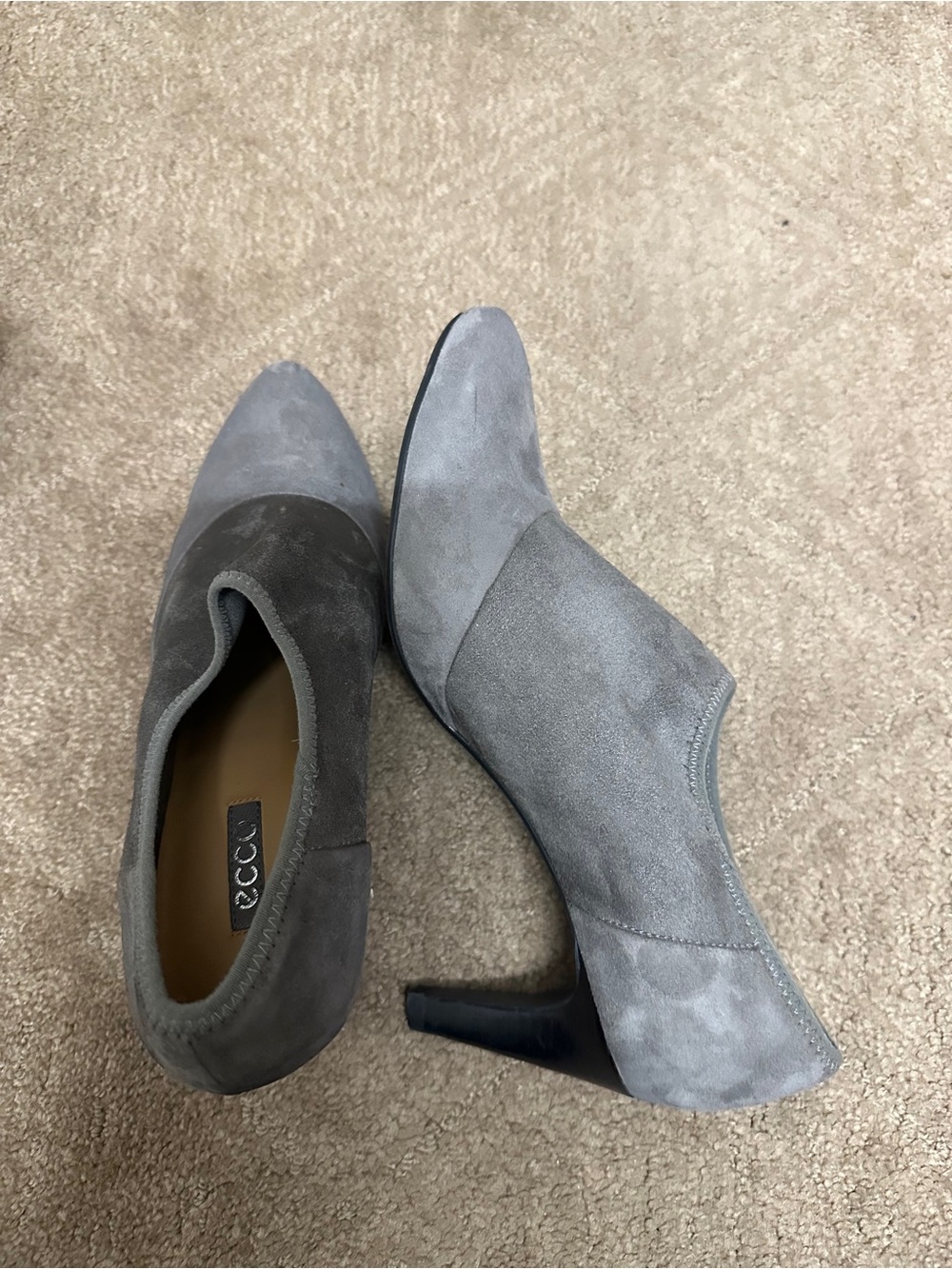 Ecco Two-Tone Gray Suede Pointed Toe Heeled Booties